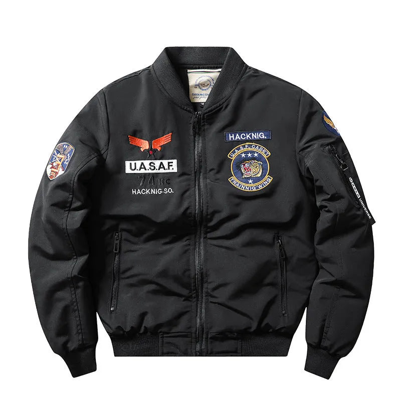 Men's blue retro cotton-padded coat with stand collar, embroidery, and patch pockets.