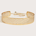 Golden alloy waist belt with lantern and floral punch net design, shown fastened, highlighting its 4.5cm width.
