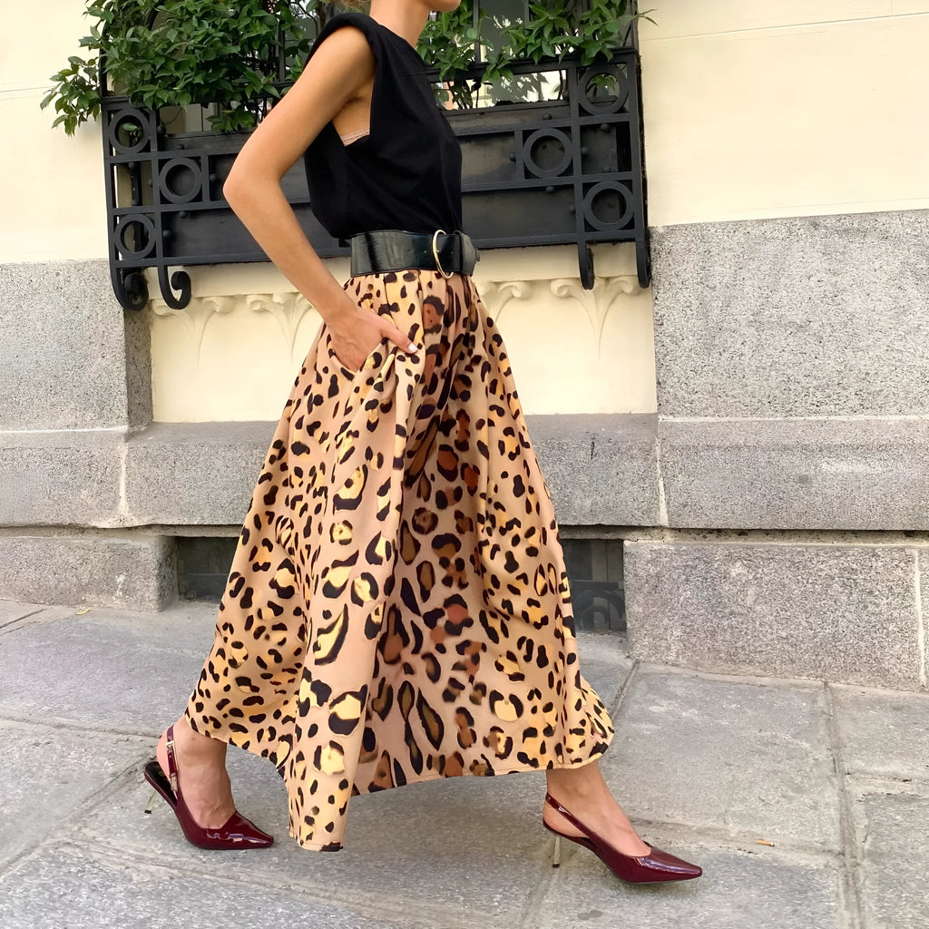 Women's brown leopard print A-line long skirt with big hem design on mannequin