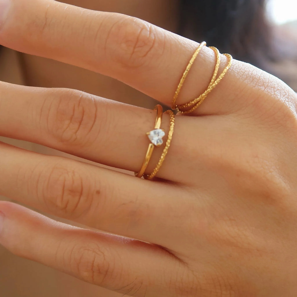 Stainless steel heart shape ring with a golden electroplated finish, shown in Heart and Oval colour variations.