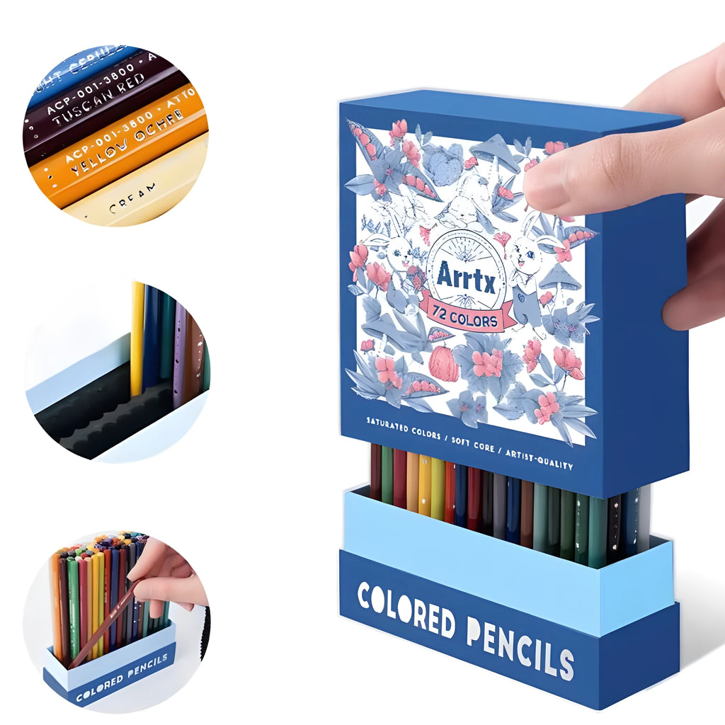 Boxed set of 72 or 126 coloured art pencils with basswood bodies for drawing and painting exams.