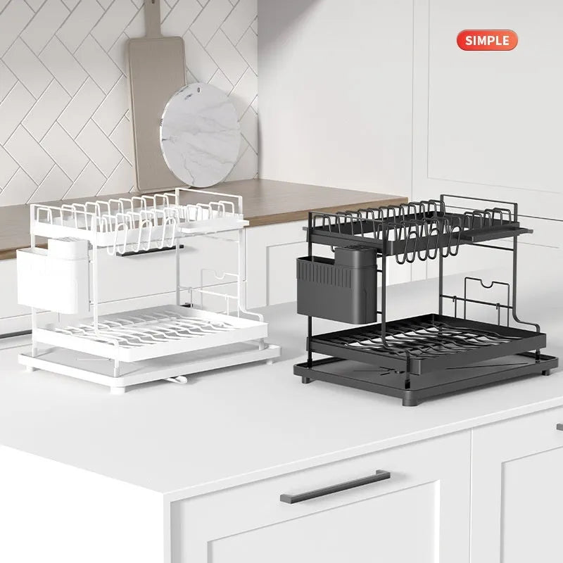 White and black double-layer removable kitchen storage rack made from carbon steel.