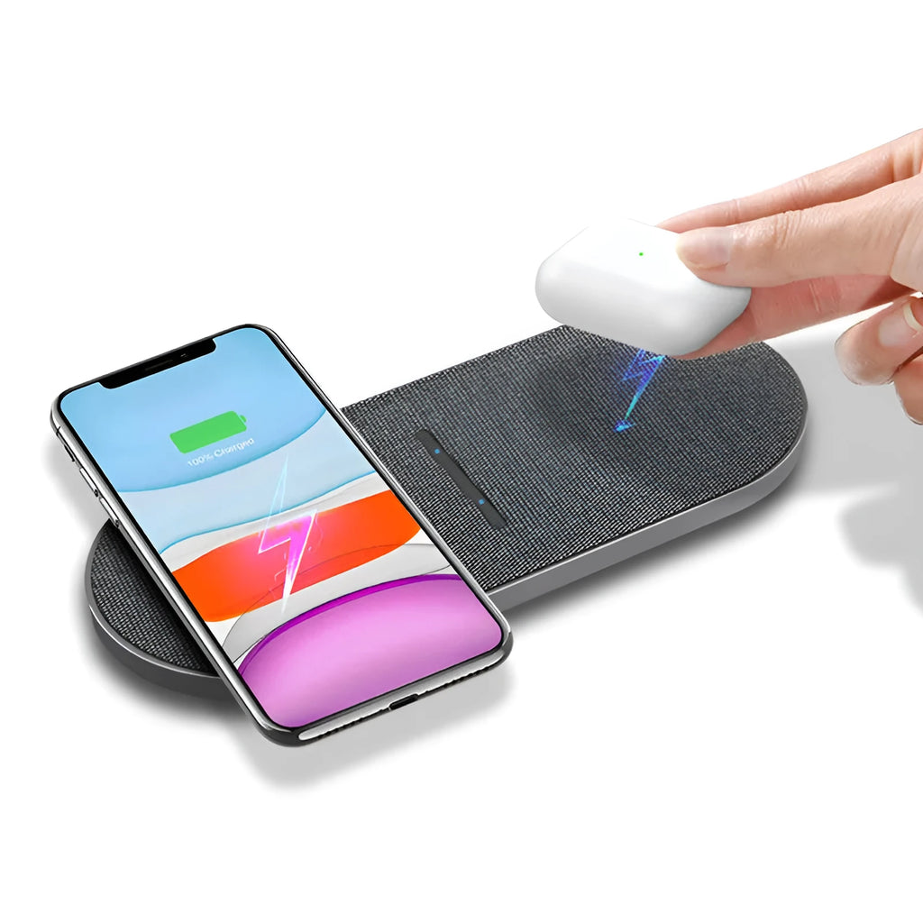 Black wireless charger pair with two 10W charging pads and dual Type-C/USB interfaces