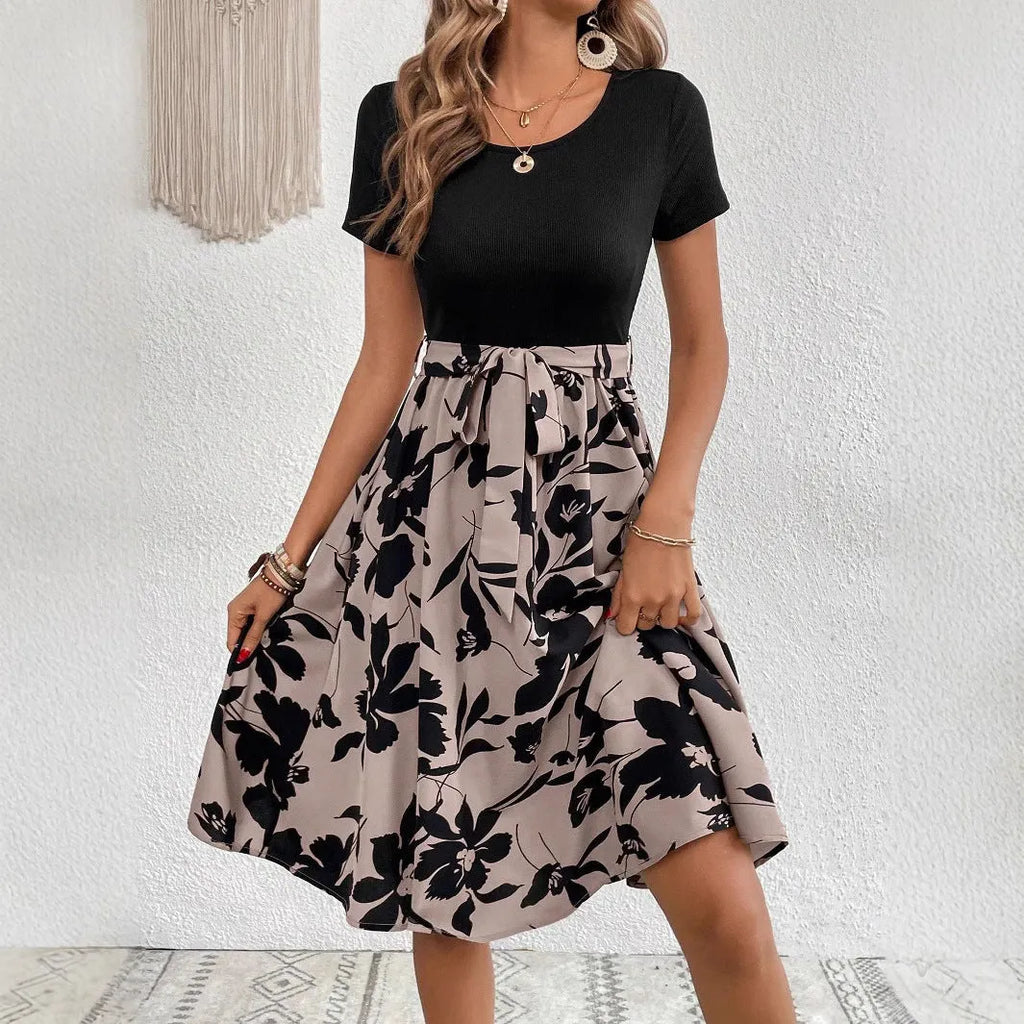 Women's khaki casual dress with lace-up front and floral printing, featuring A-line skirt and shoulder strap details