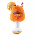 Yellow plush wine glass shaped squeaky dog toy with teeth-cleaning feature