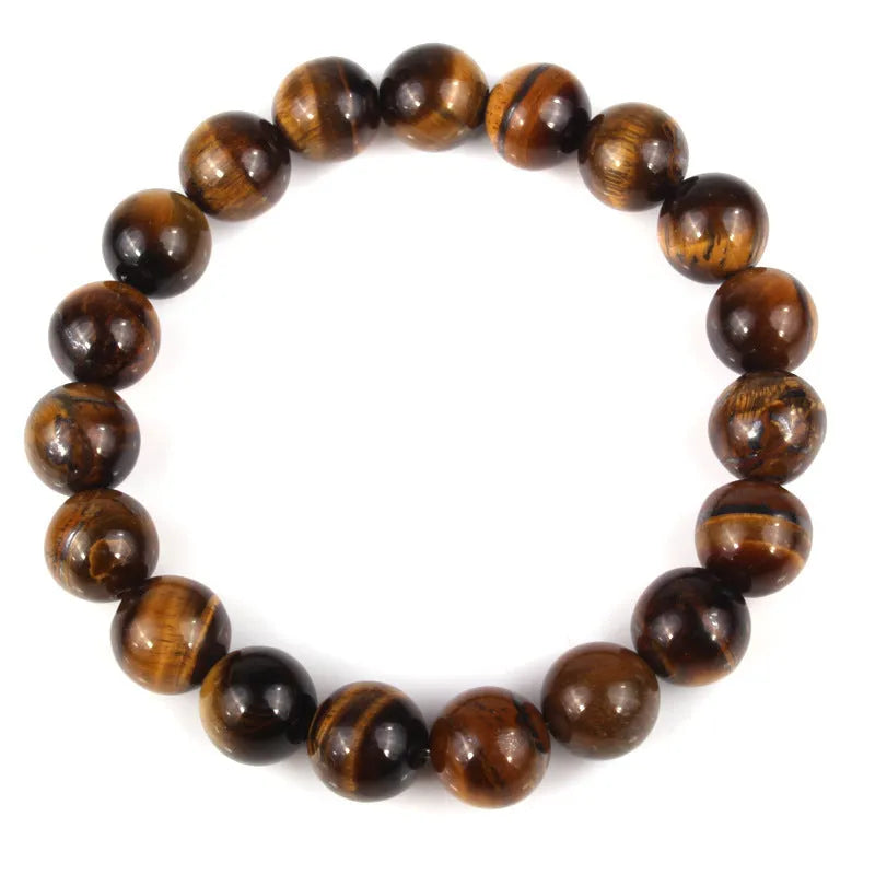 Natural Tigereye crystal bracelet with round beads, showing colour options including dark blue, green, and red tiger eye.