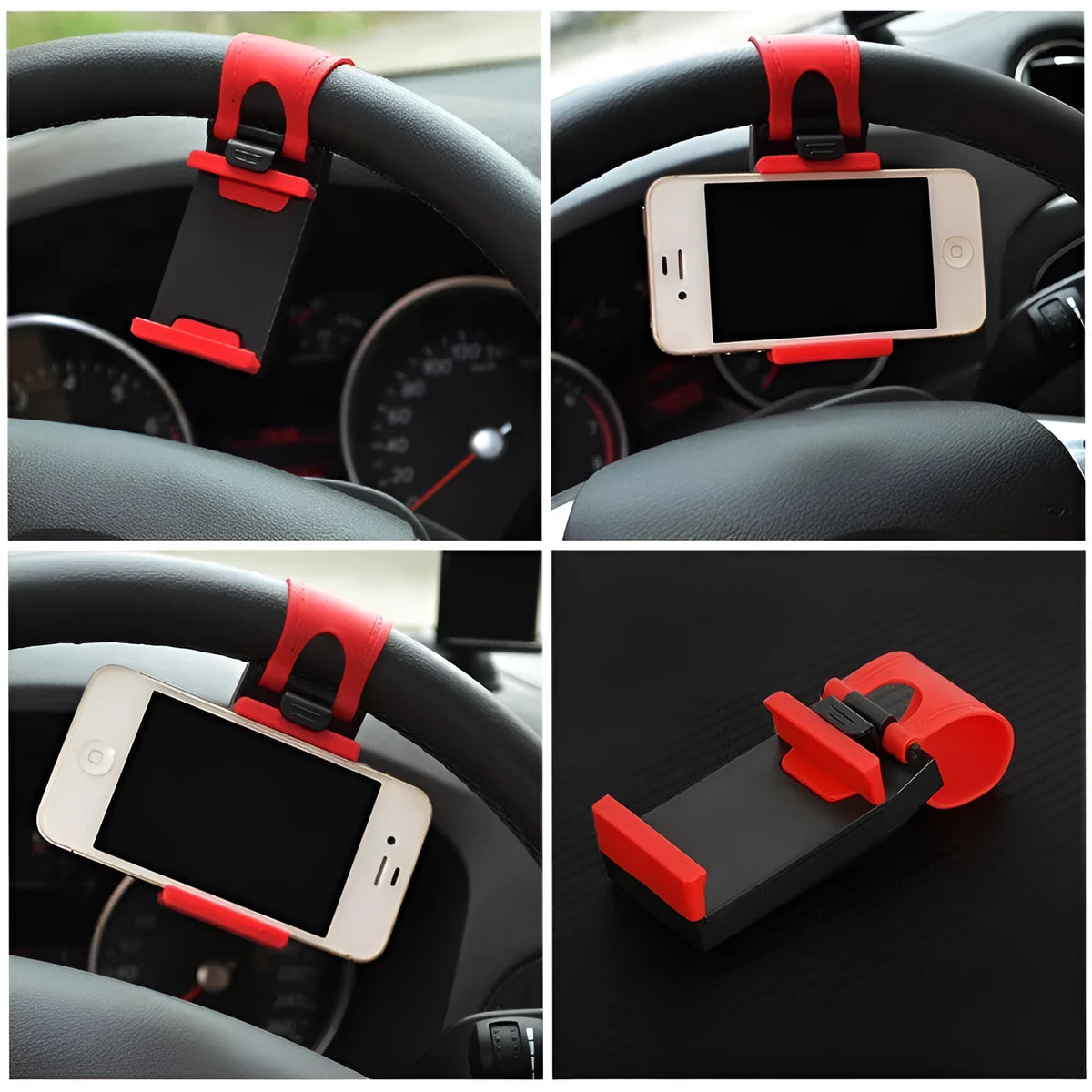 Black and red universal car steering wheel clip mount holder for mobile phones and GPS.