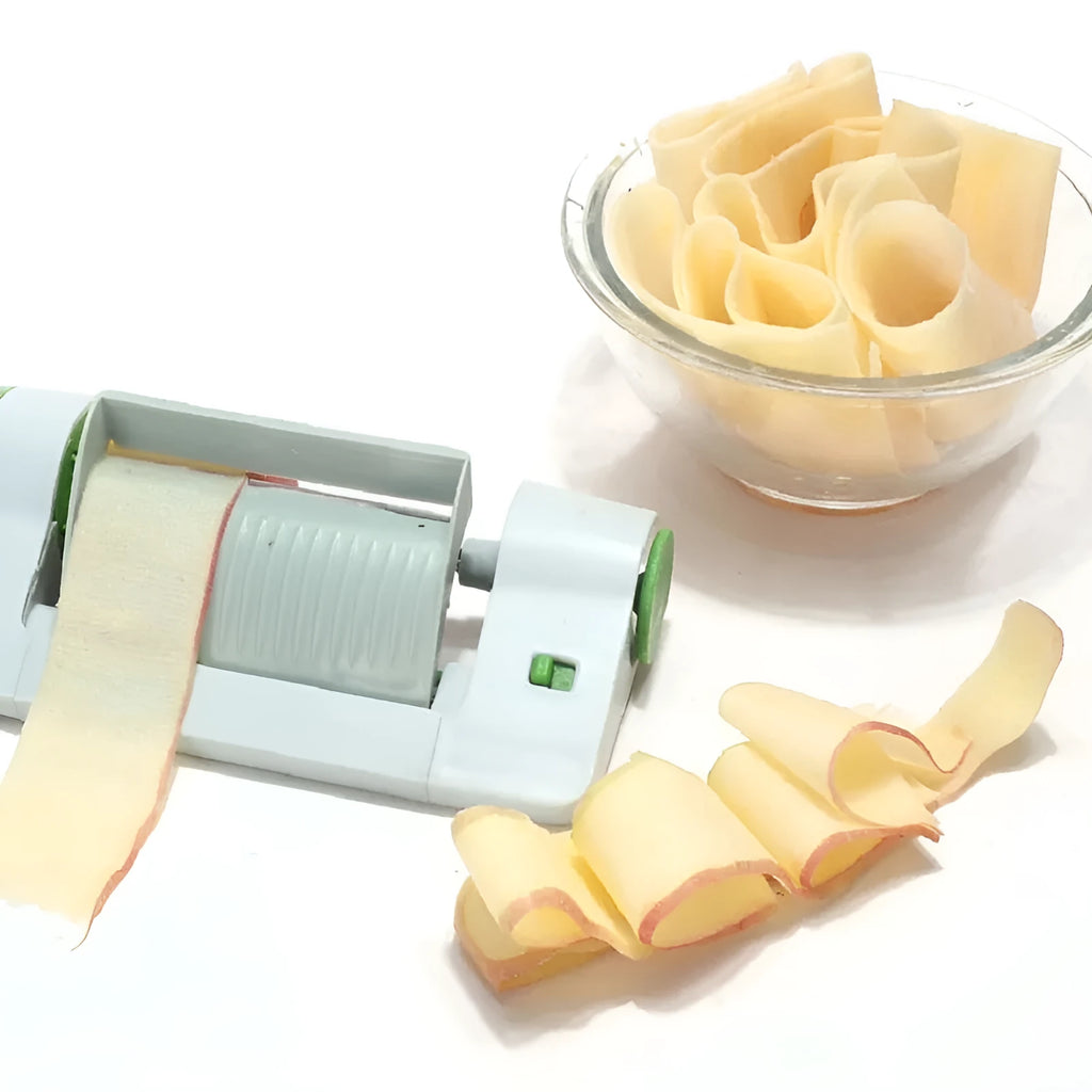 Green and white ABS and PP plastic kitchen multifunctional fruit slicer, 22.5cm by 10.5cm by 5.5cm