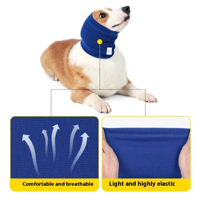 Blue and grey polyester dog headband scarf shown in S, M, L sizes