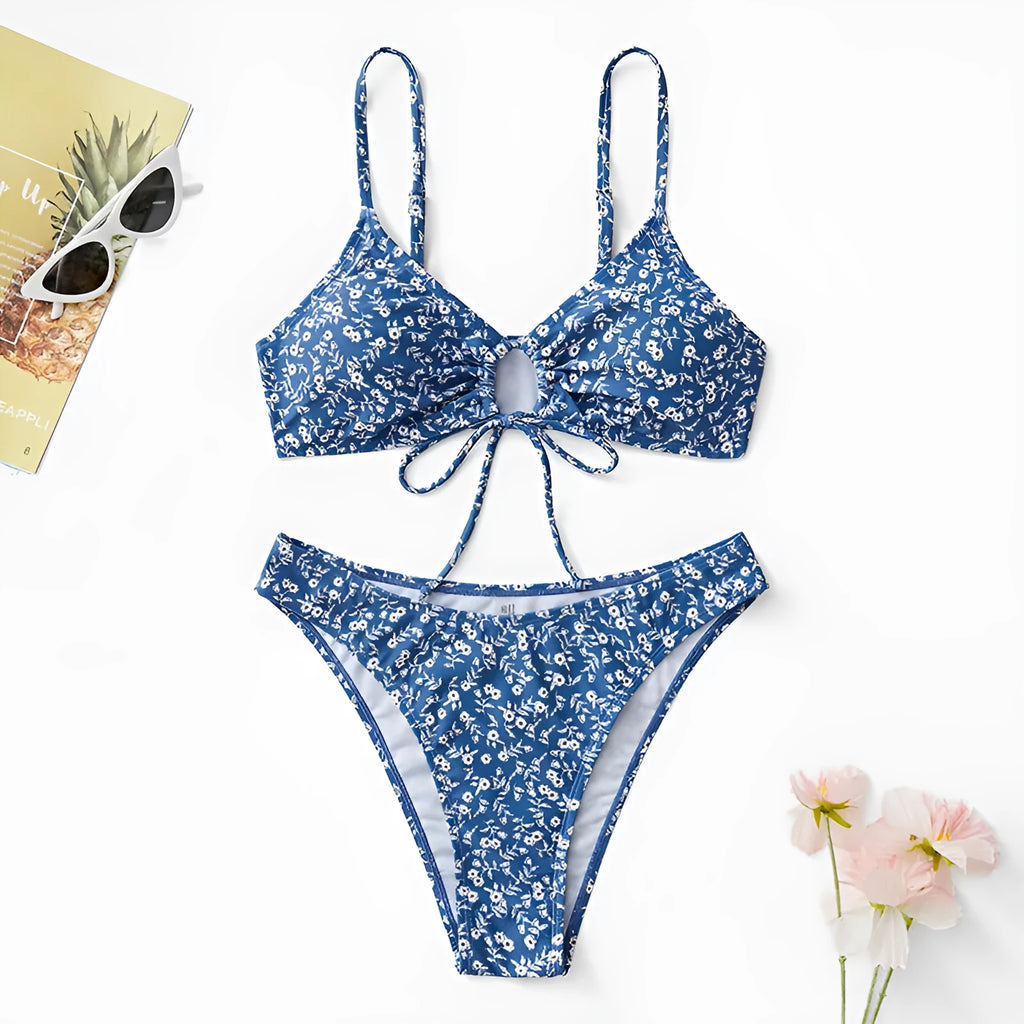 Blue polyester three-piece swimsuit set with top and shorts for women