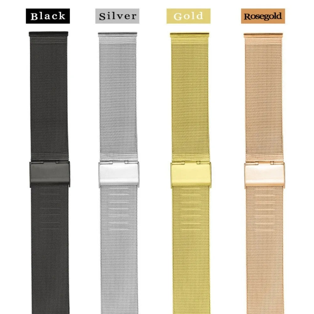 Silk woven stainless steel watch replacement band showing silver, black, rose gold, and gold colour options