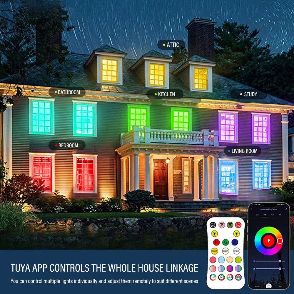 Black or white intelligent Bluetooth ceiling lamp with RGBCW colour control and adjustable white light