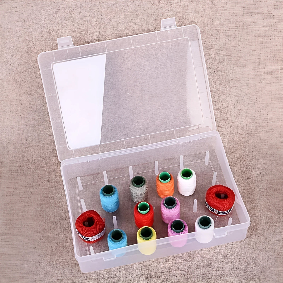 42 compartment plastic embroidery storage box in transparent, pink or blue colour options