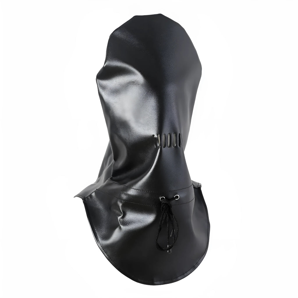 Black leather adjustable BDSM training mask for adult role-play scenarios