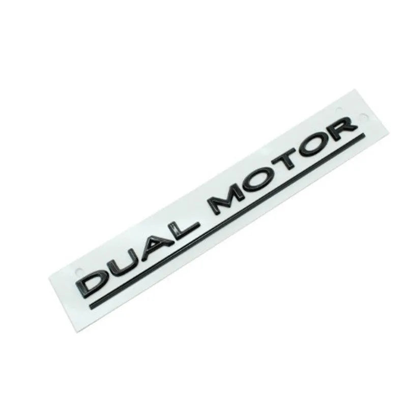 Tesla Model 3 dual motor performance badge sticker in matte black with red stripe, 19cm long.