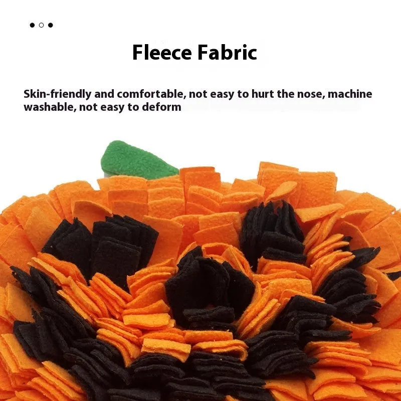 Orange pumpkin-shaped pet smell mat with textured woollen surface for dog slow feeding training