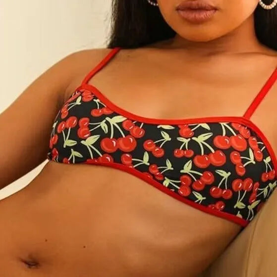 Women's cherry print floral pattern tube top bikini swimsuit in polyester fabric