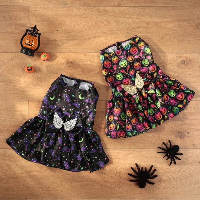 Halloween dog costume with angel wings in bright pumpkin orange or bat print design