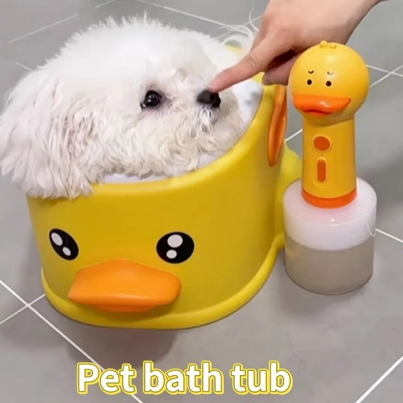 Blue PVC duck-shaped bathtub for washing a small dog, shown on a bathroom floor.