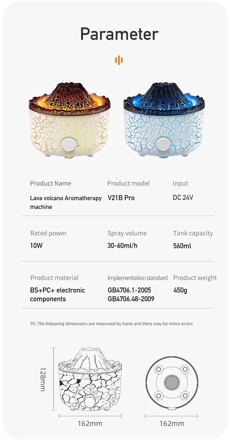 Volcano humidifier with LED flame and jellyfish mist effect, 0.5-1L tank, remote control, plug-in ultrasonic diffuser