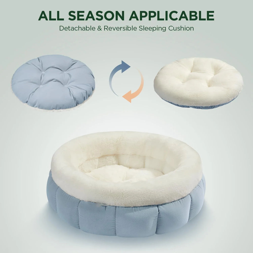 Round donut dog and cat bed in faux rabbit fur with anti-slip bottom and raised sides, available in five sizes