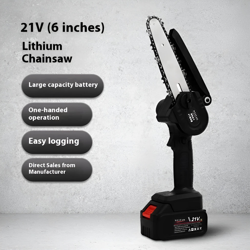 Mini one-hand wireless aluminum chainsaw with rechargeable lithium battery, power cord and instruction manual, 4-inch or 6-inch