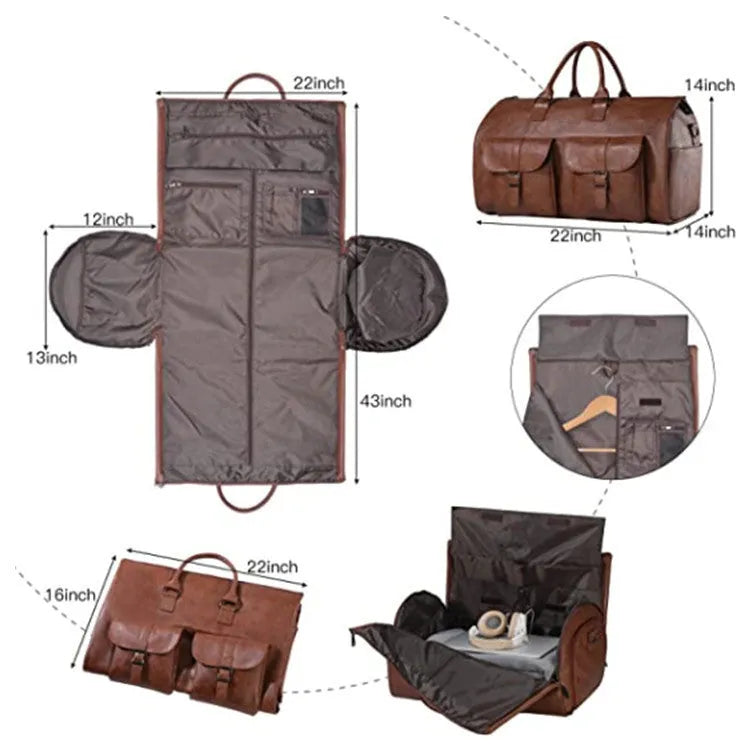 Convertible travel bag in black or brown PU leather with waterproof finish, 36-55L capacity, retro solid colour design.