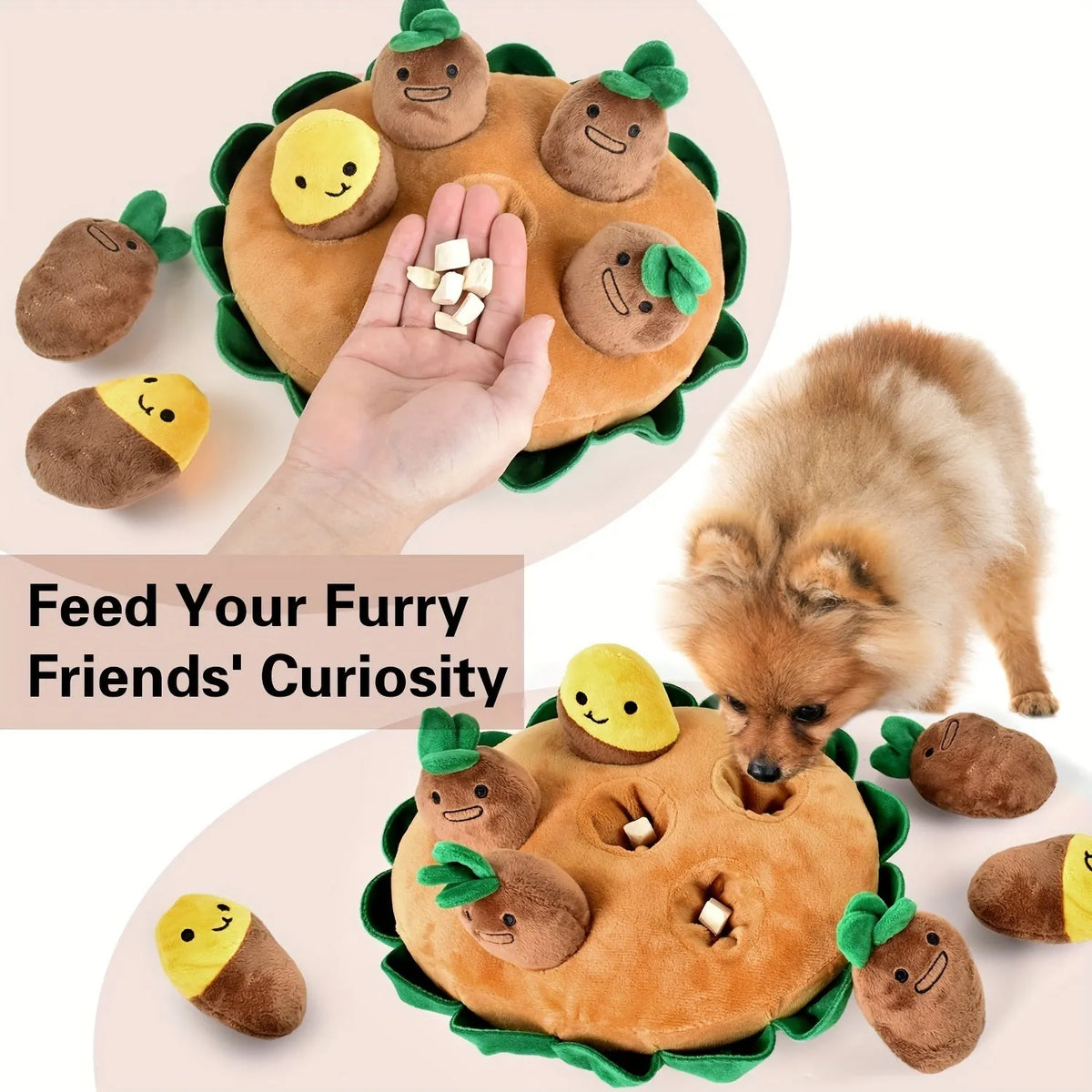 Yellow interactive dog puzzle mat with removable squeaky plush toys for foraging and slow feeding