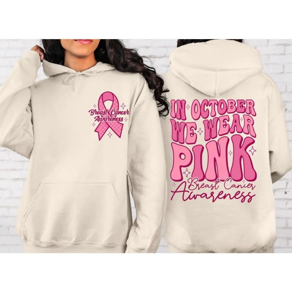 Breast cancer awareness pullover hoodie with retro hot stamp design and side seam pocket.