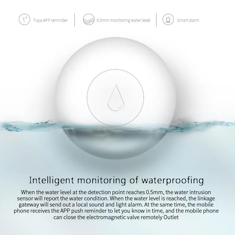 Zigbee wireless water flood sensor with compact design and CR2032 battery compartment