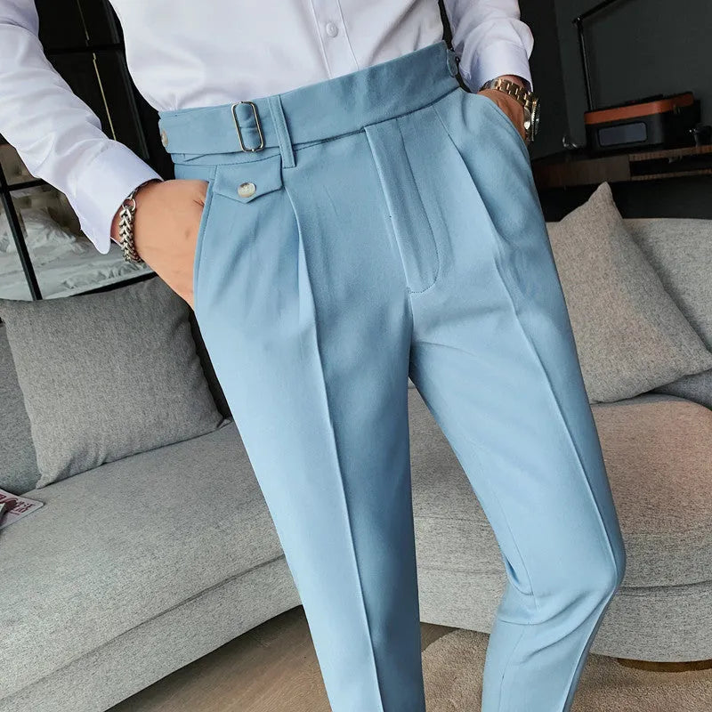 Straight-leg casual trousers in solid colour on a hanger, showing the classic cut and polyester fabric.