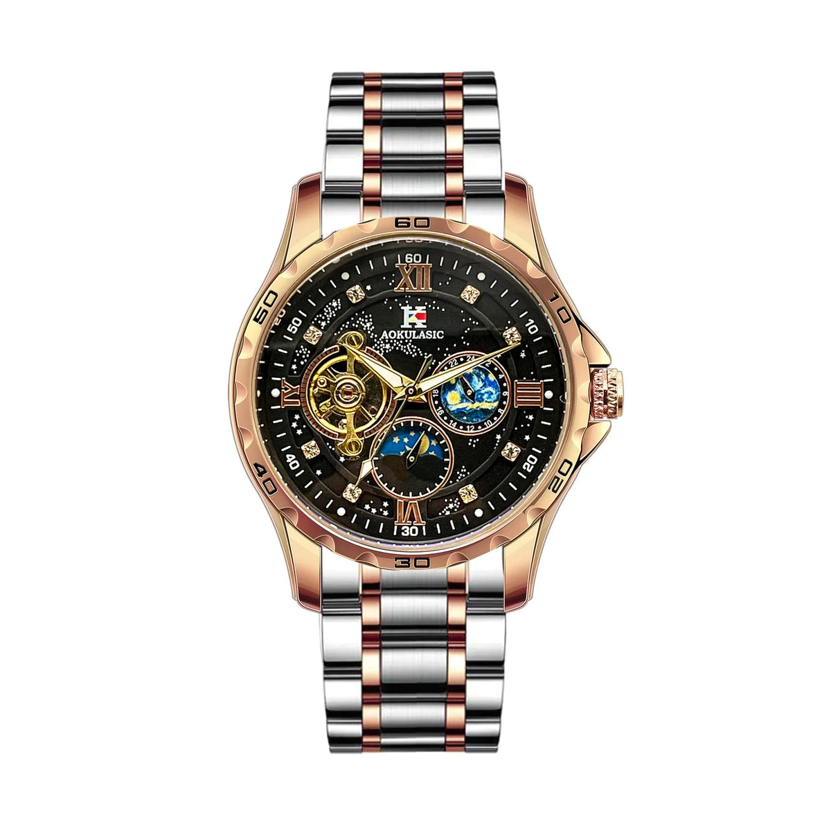 Automatic mechanical men's watch with rose gold shell and black dial showing large multifunctional display