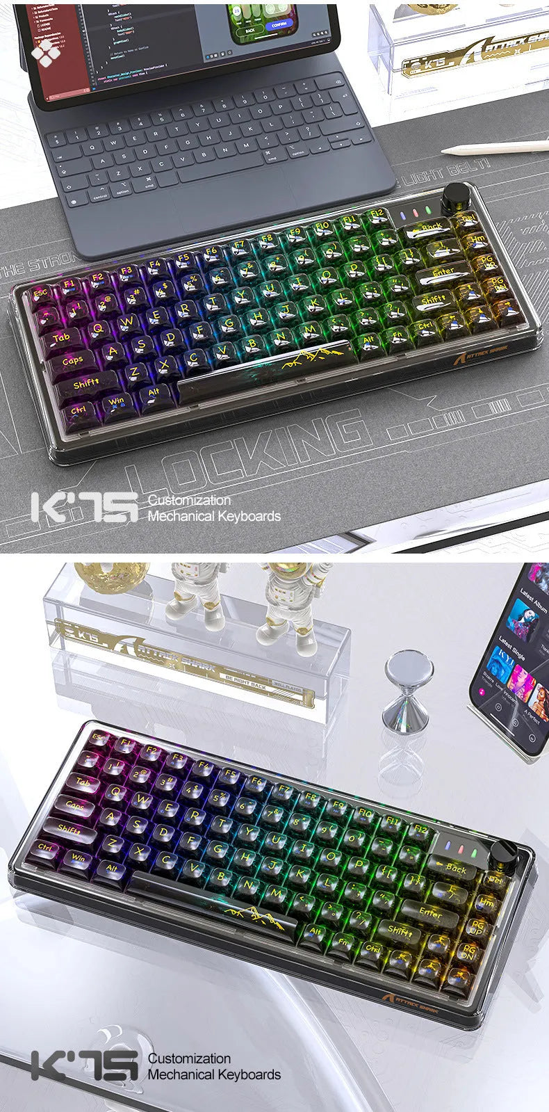 Attack Shark K75RGB wireless mechanical keyboard with transparent white case showing RGB lights and gasket mount.