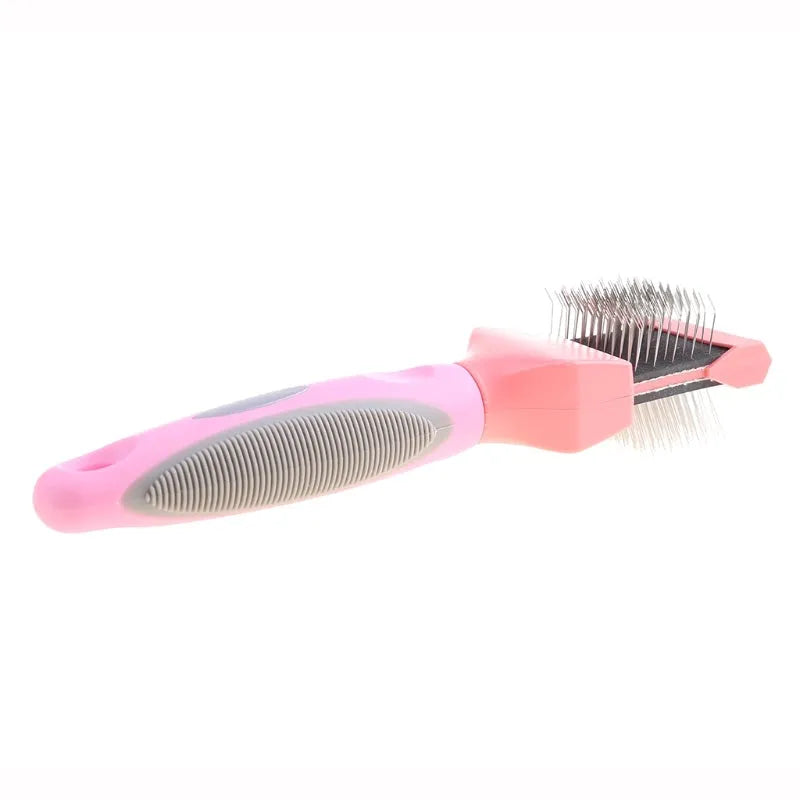 Double sided pet grooming brush with stainless steel pins and blue ABS handle shown from multiple angles