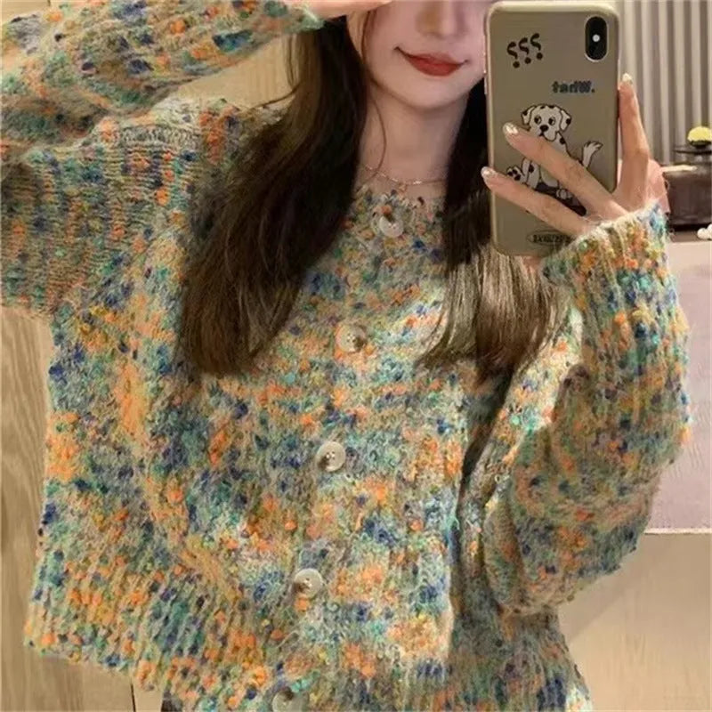 Gentle idle style knitted rainbow cardigan sweater in pink or green colour with slim fit design
