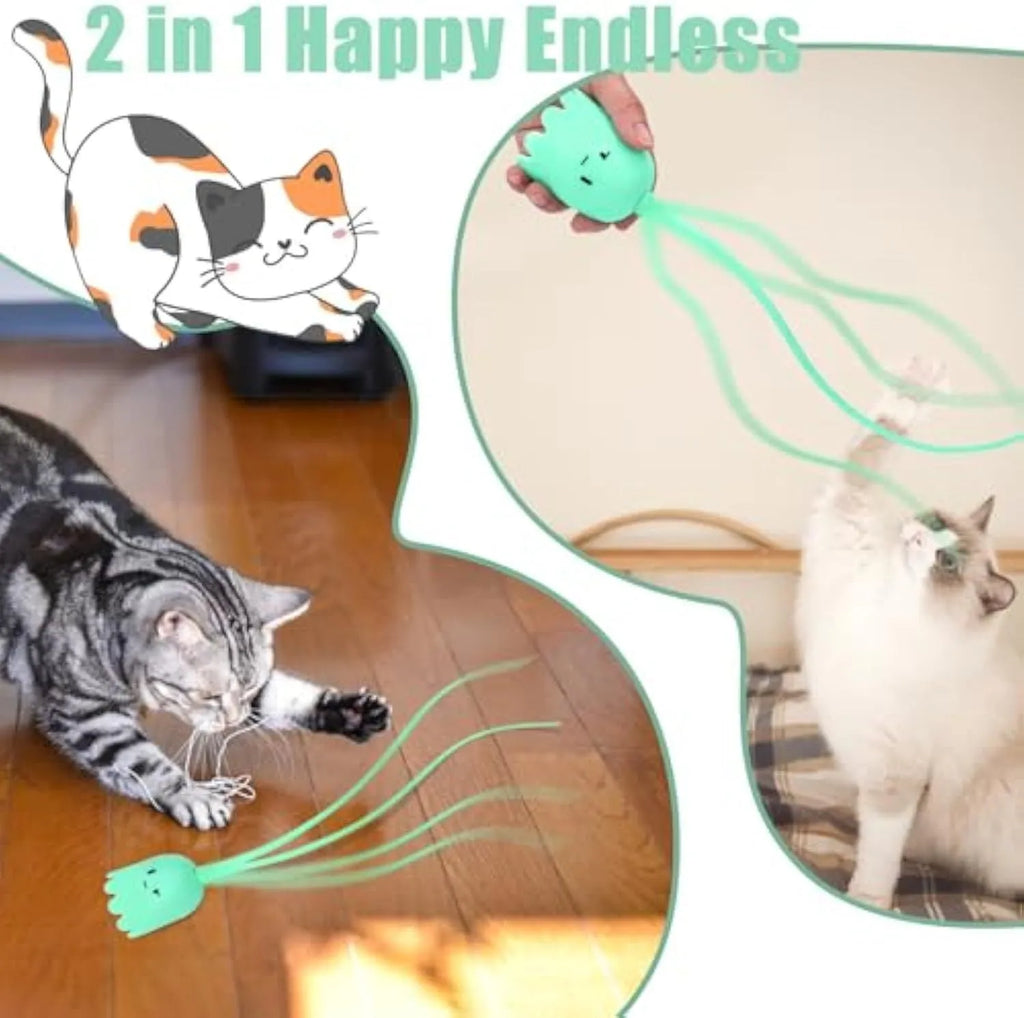 Green automatic cat toy with swinging silicone tails on a wooden floor.