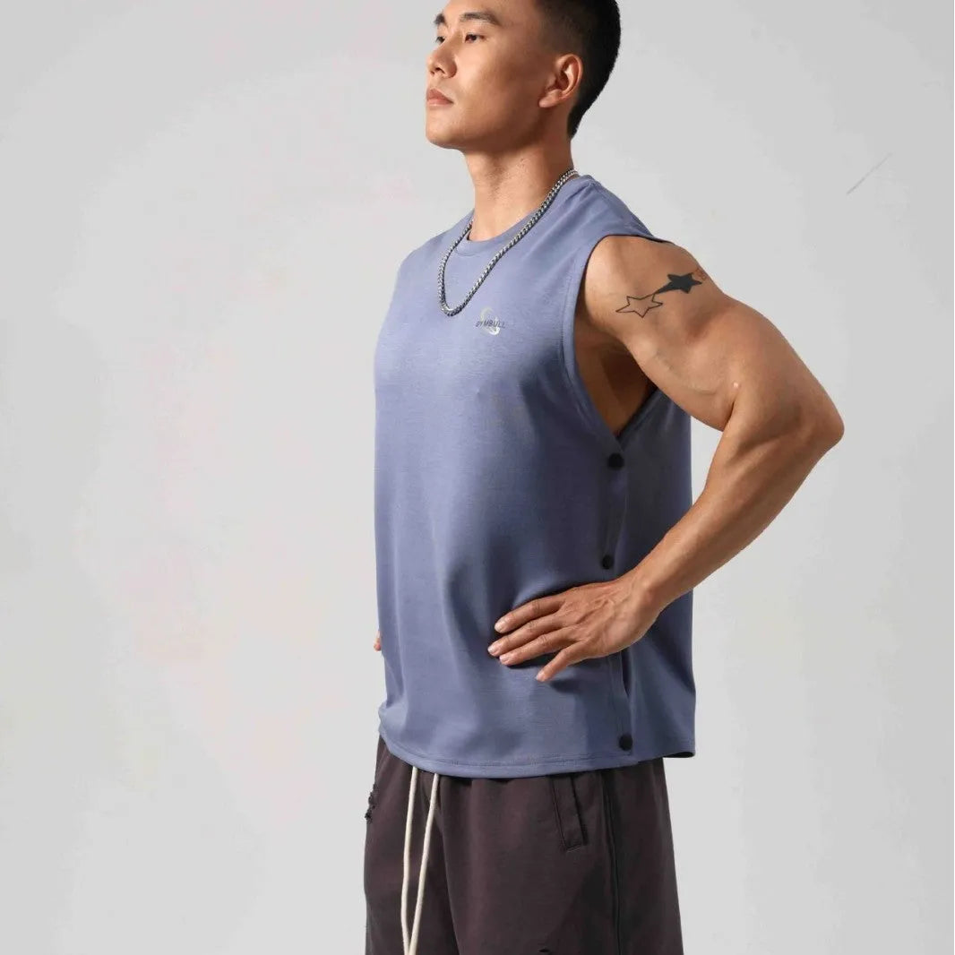 Men's grey Korean style cotton fitness vest showing hidden side hook opening detail.