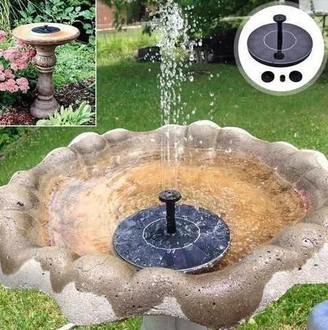 Black solar-powered floating garden fountain with multiple spray nozzles for birdbaths and ponds