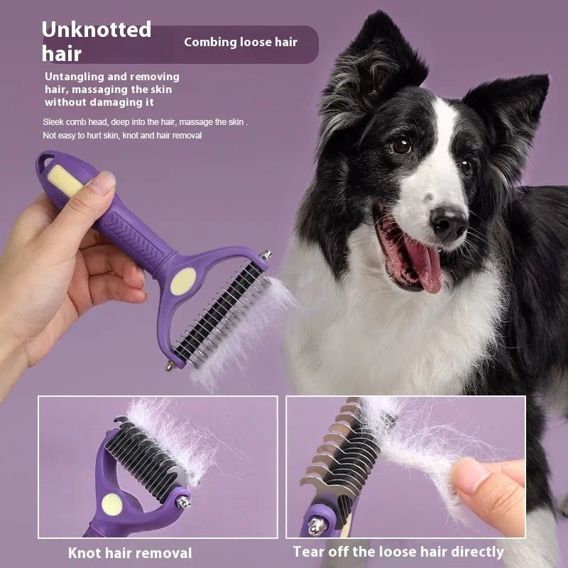 Purple plastic double-sided pet comb for detangling and grooming dog fur.