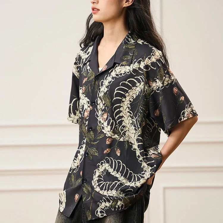 Short sleeve Cuban collar shirt with snake bone pattern print in loose fit style for summer