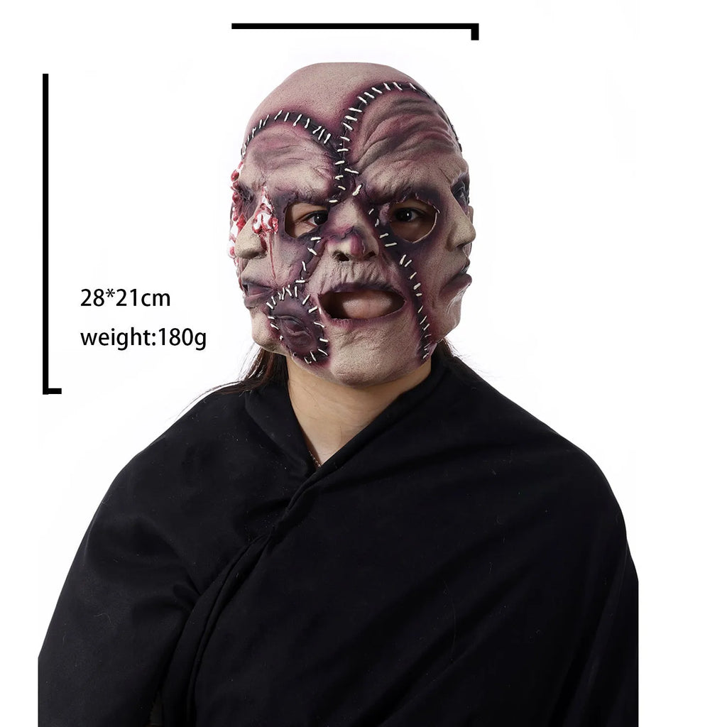 Latex three-sided Grimace horror Halloween mask for adults on a black background.