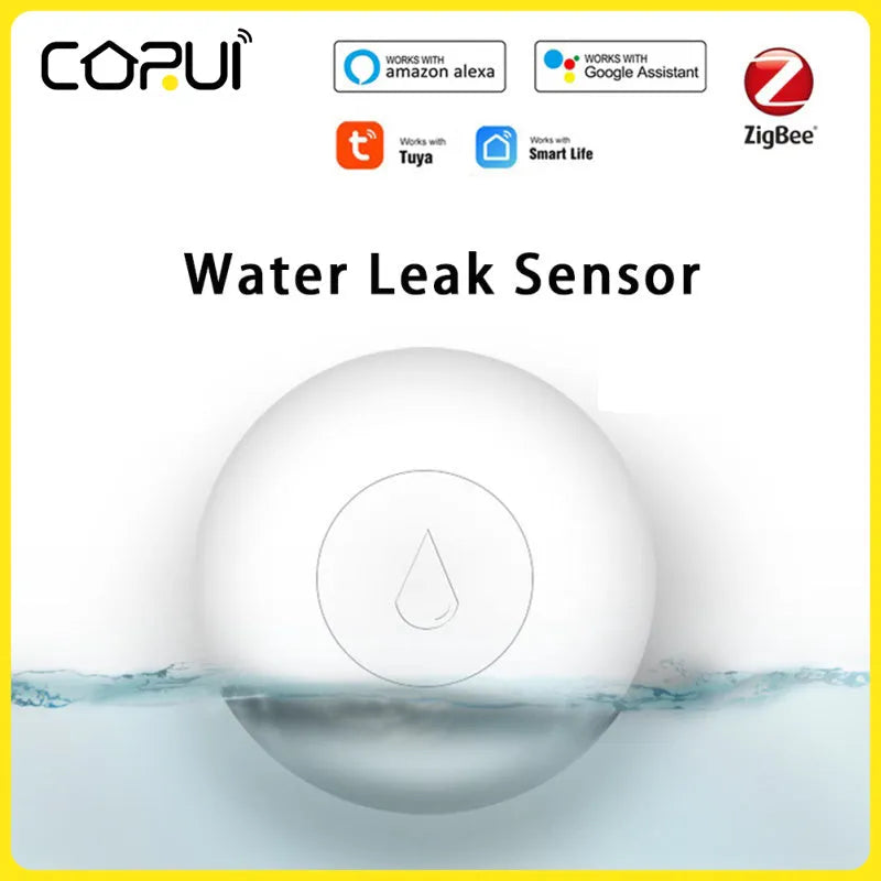 Zigbee wireless water flood sensor with compact design and CR2032 battery compartment