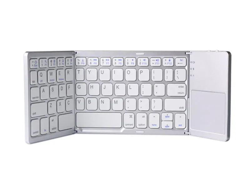 Tri-fold folding touch Bluetooth keyboard shown in black colour with touchpad, compatible with iPhone Android Microsoft devices