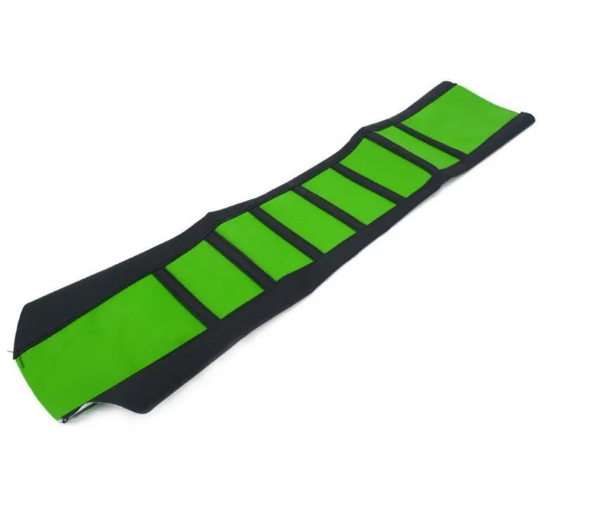 Universal anti-slip motorcycle seat cushion in PUC artificial leather, shown in yellow, orange, green, red and blue