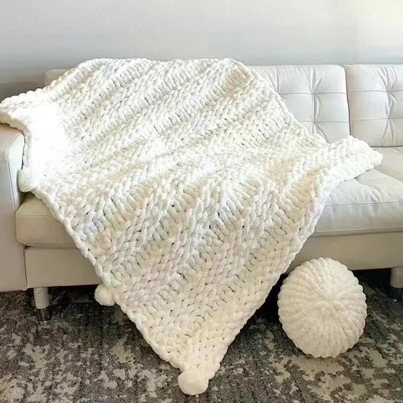 Chenille knitted blanket with braided texture in modern style showing colour options and size range
