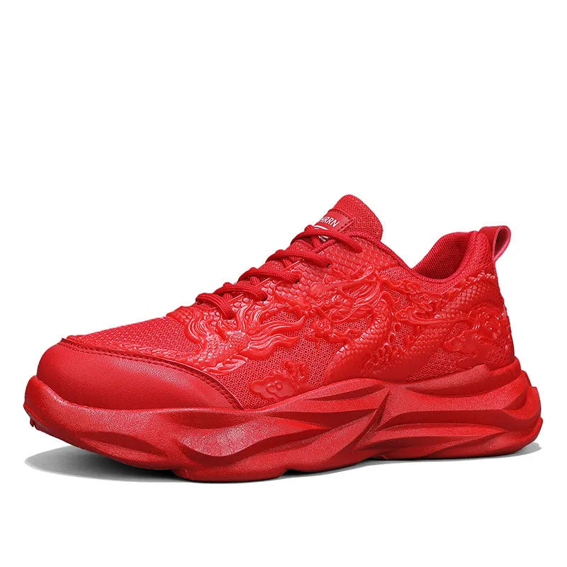 Chinese Loong dragon print casual sneakers with fly knit upper and rubber sole in multiple colour options.