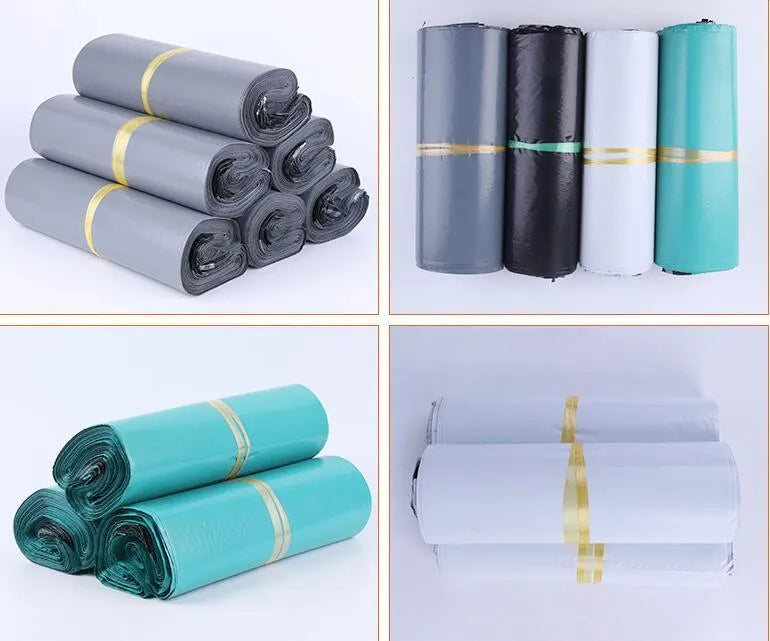 Clear plastic courier bag for clothing with self-adhesive sticker seal, shown in multiple sizes.