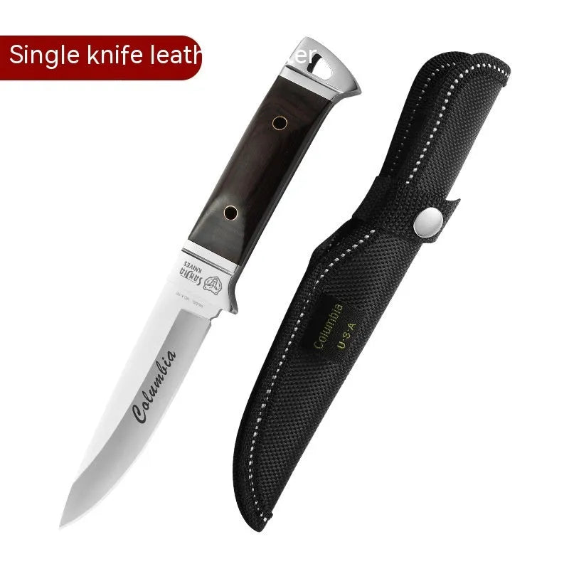 National style stainless steel camping knife with leather sheath case for outdoor use