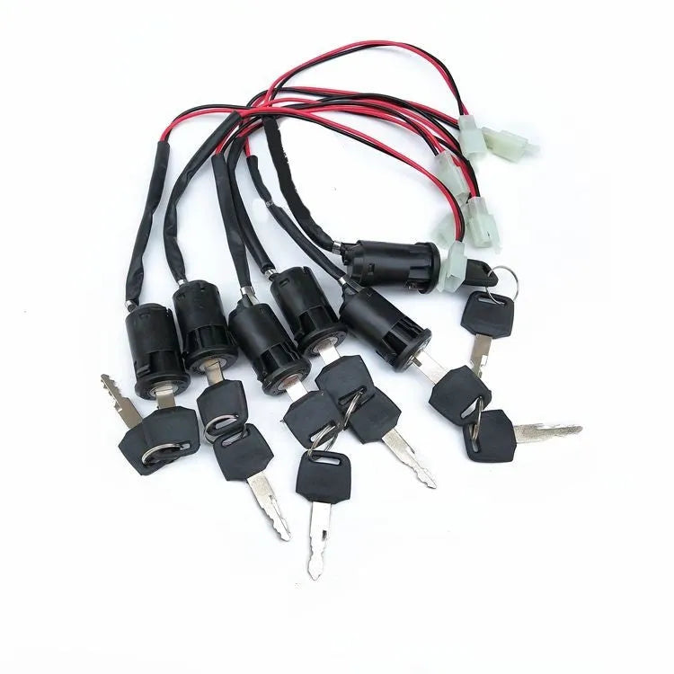 Waterproof electric car door lock with ignition key in plastic housing showing wiring terminals