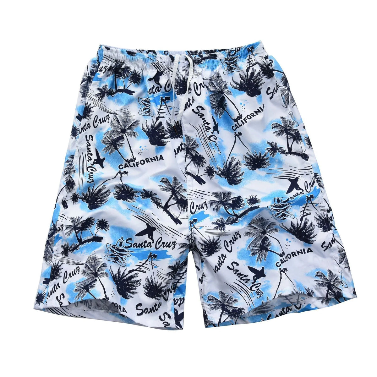 Men's floral print five-point swimming trunks in polyester fabric shown in one of twenty-four colour options